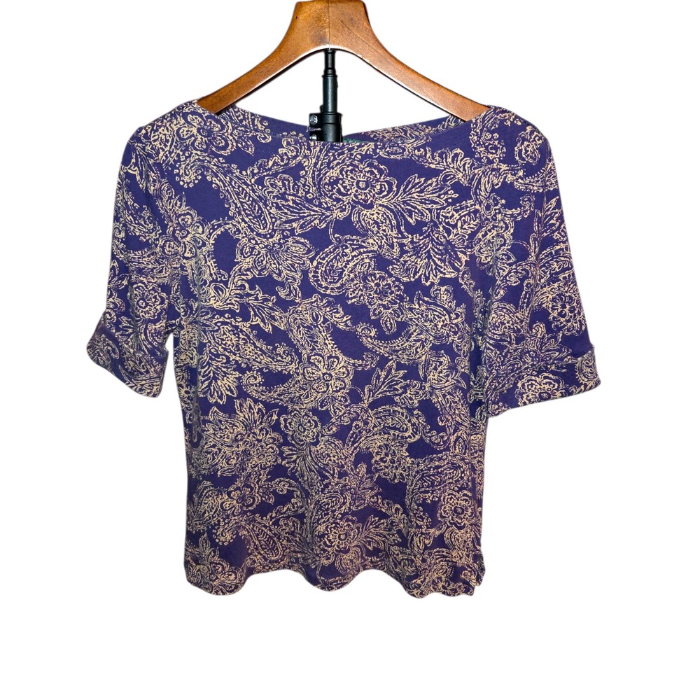 Lauren Ralph Lauren Top Womens Large Purple Paisley Boat Neck Cotton Knit Shirt